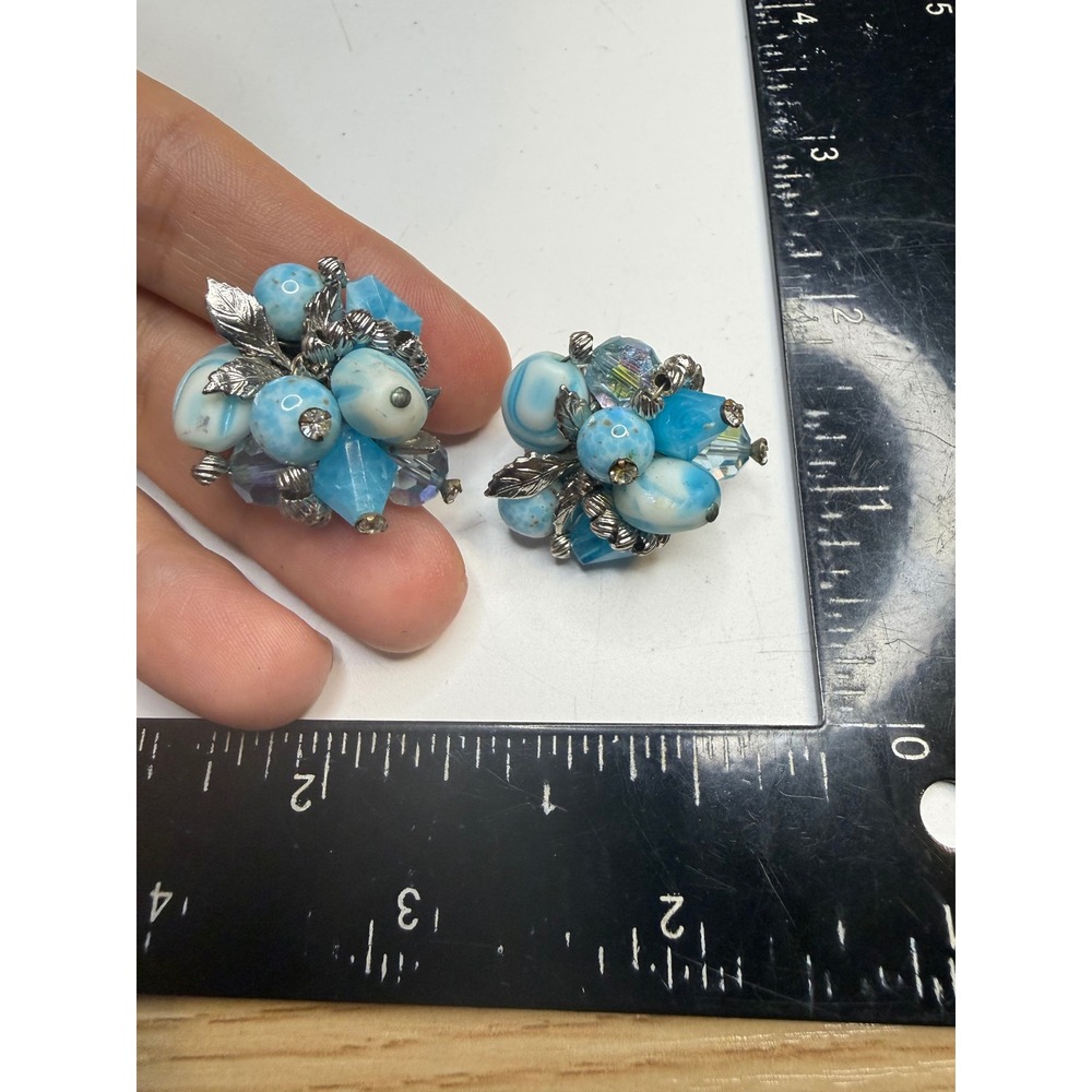 Vendome Vintage Blue Marbled Art Glass Crystal Cluster Clip On Earrings Silver